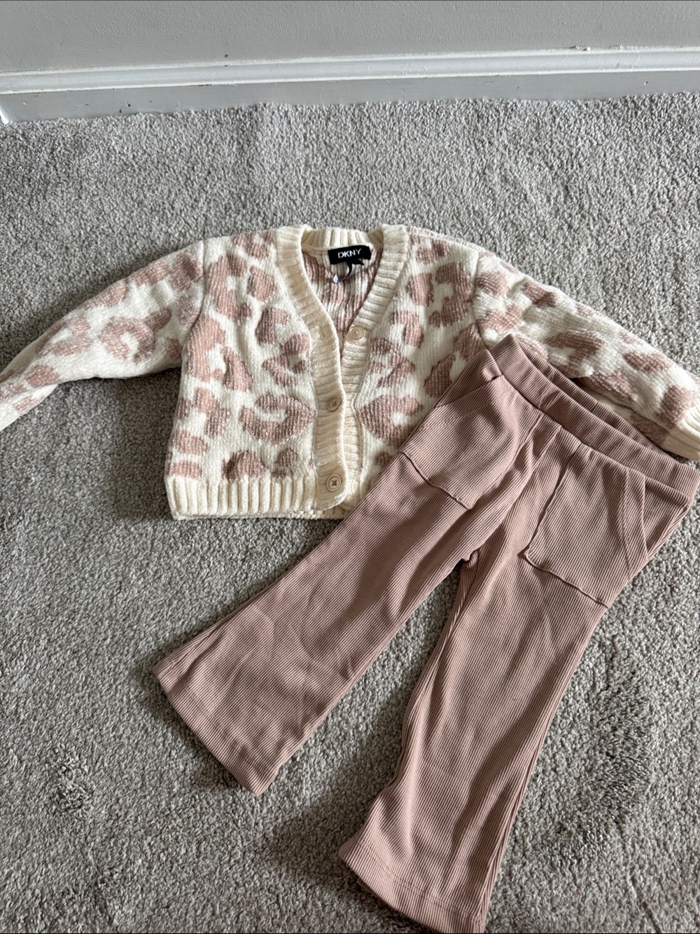 DKNY Cream Cardigan with Pink Leopard & Dusty Rose Ribbed Pants Set